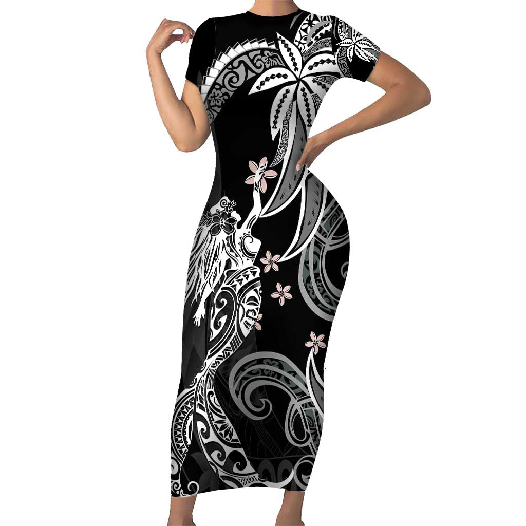 Polynesian Mermaid Plumeria Tribal Tattoo Family Matching Short Sleeve Bodycon Dress and Hawaiian Shirt