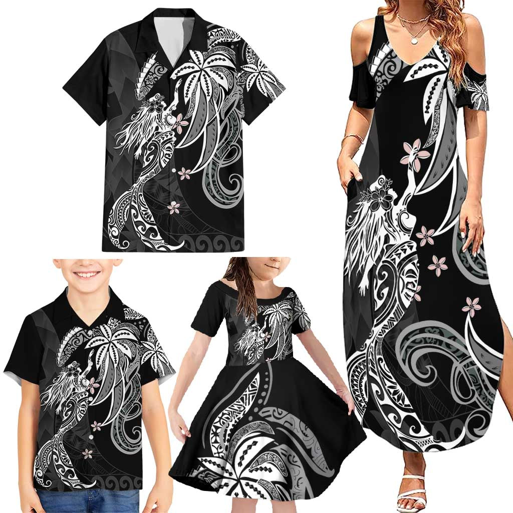 Polynesian Mermaid Plumeria Tribal Tattoo Family Matching Summer Maxi Dress and Hawaiian Shirt