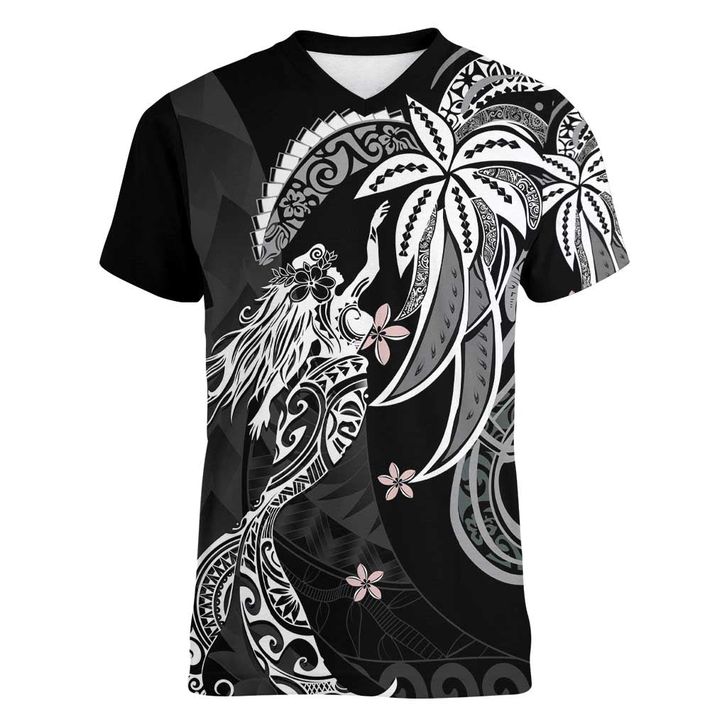 Polynesian Mermaid Plumeria Tribal Tattoo Women V-Neck T-Shirt LT01 Female Black - Polynesian Pride