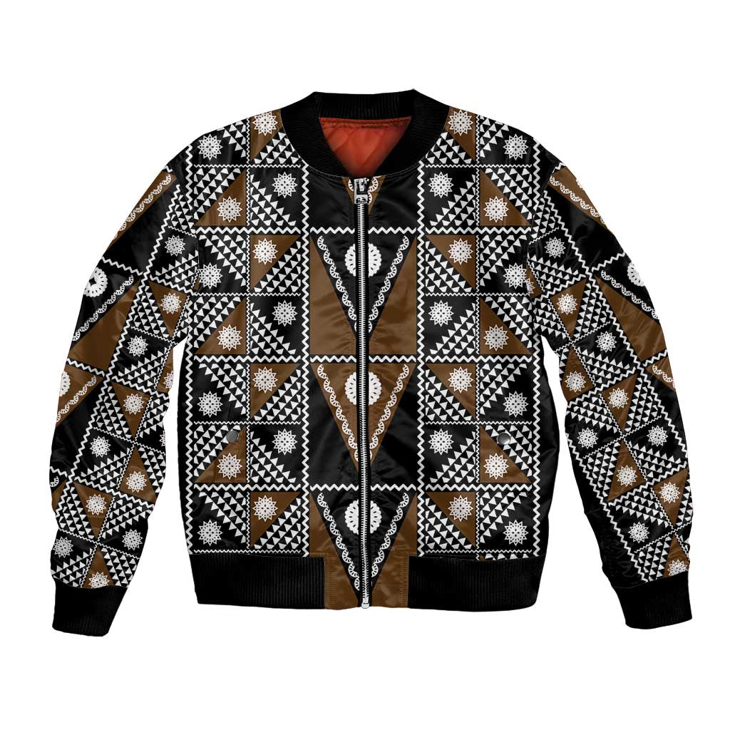 Fiji Brown Masi Pattern Bomber Jacket Fijian Tapa LT01 Unisex Brown - Polynesian Pride