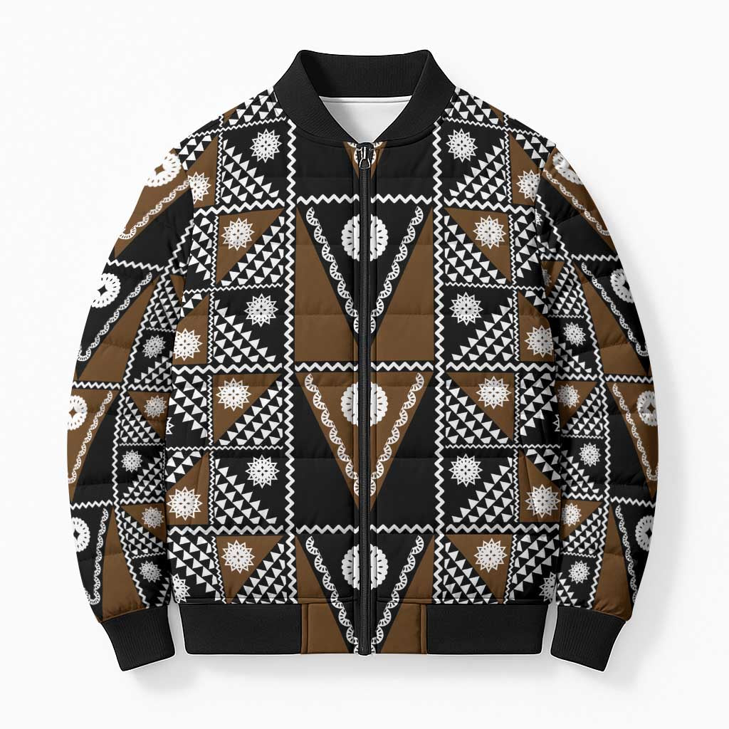 Fiji Brown Masi Pattern Bomber Puffer Jacket Fijian Tapa LT01 Unisex Brown - Polynesian Pride