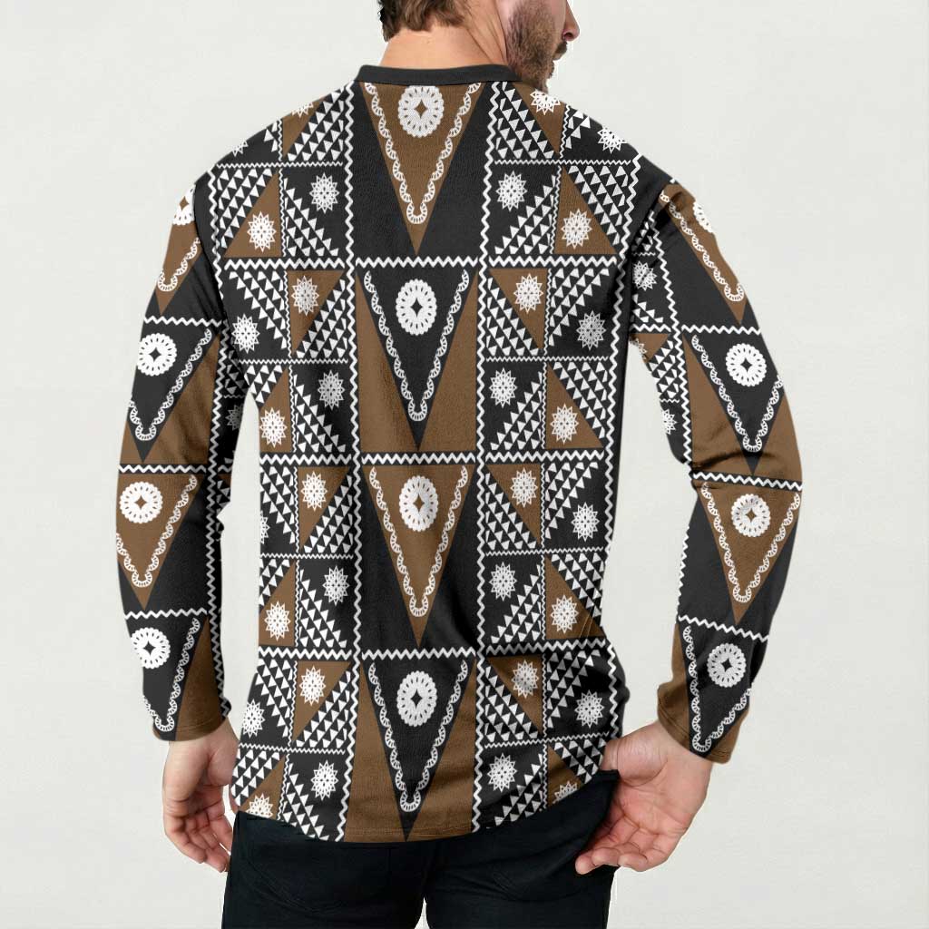 Fiji Brown Masi Pattern Button Sweatshirt Fijian Tapa LT01 - Polynesian Pride