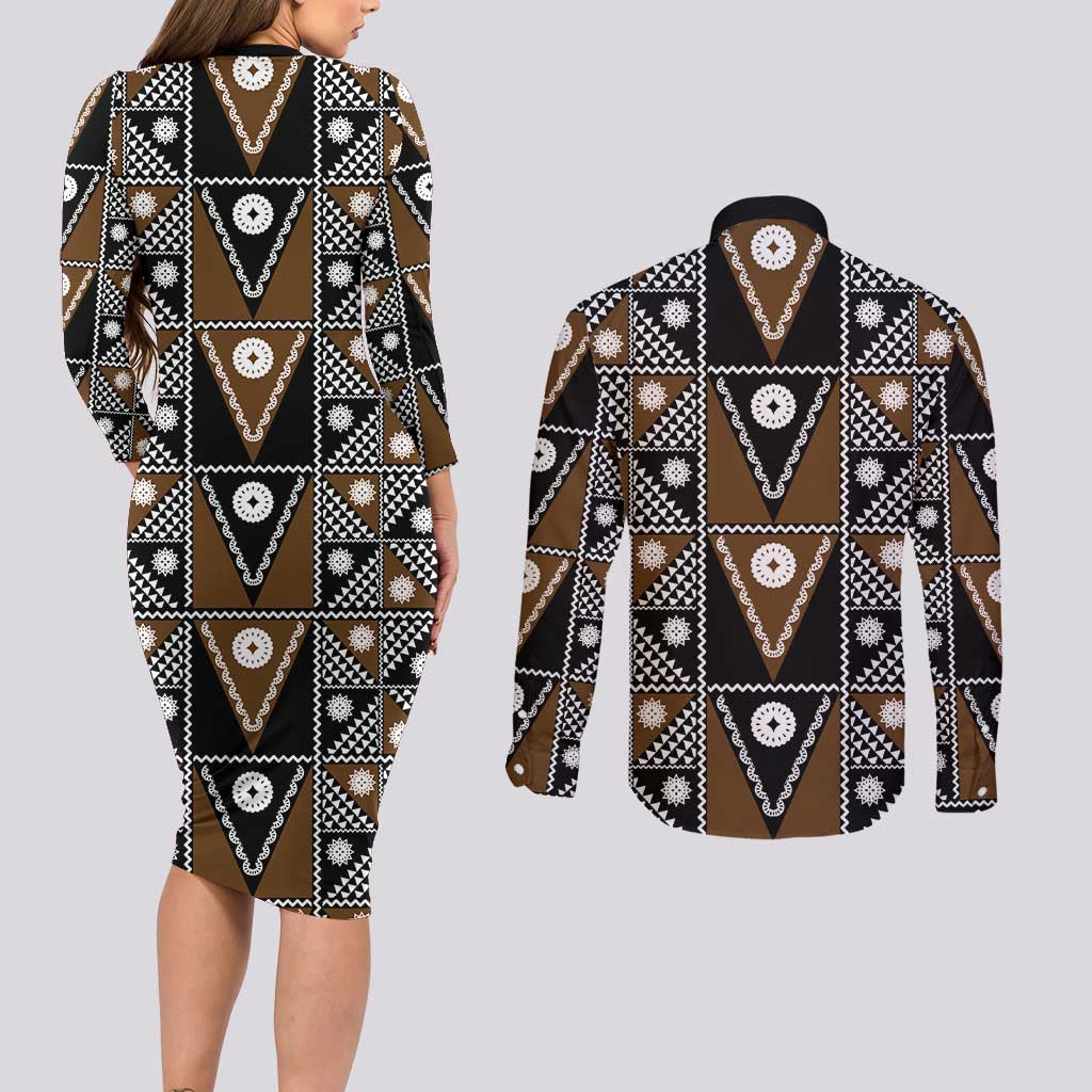 Fiji Brown Masi Pattern Couples Matching Long Sleeve Bodycon Dress and Long Sleeve Button Shirt Fijian Tapa
