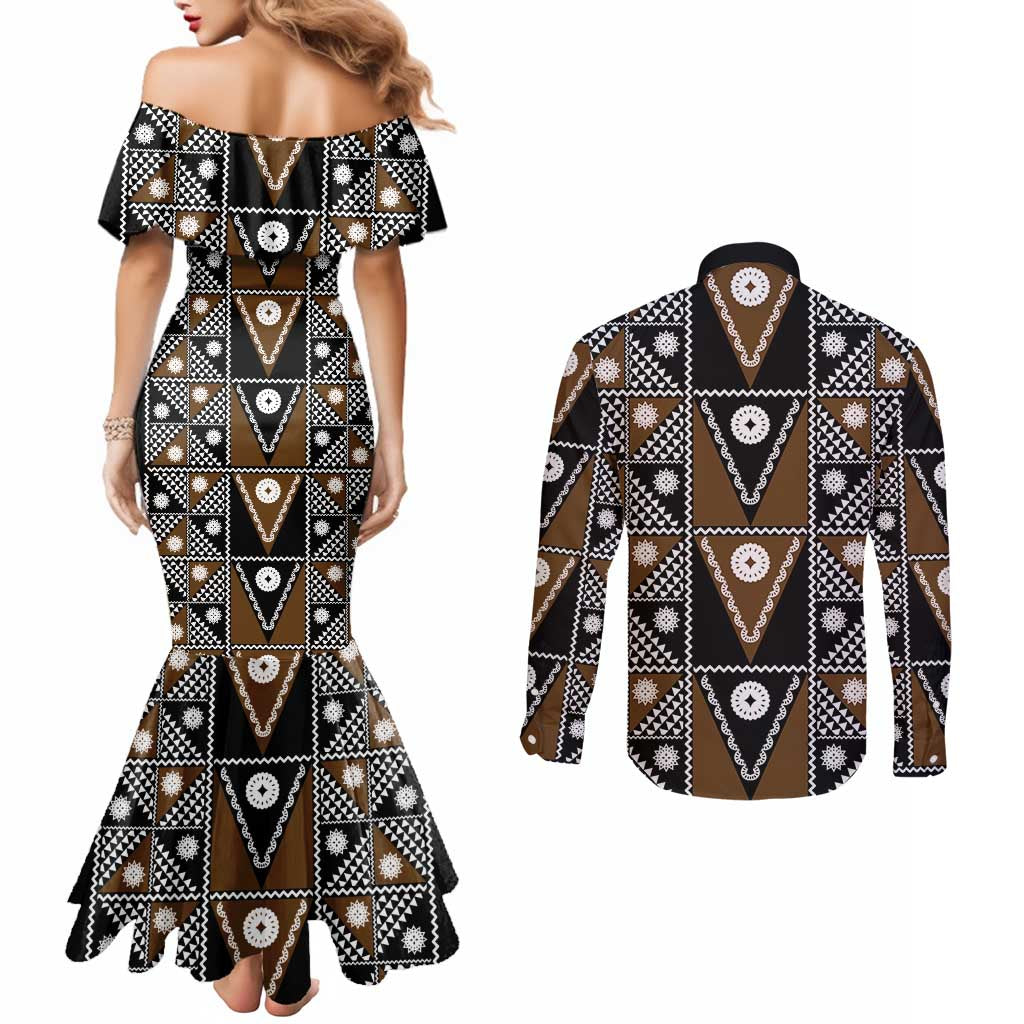 Fiji Brown Masi Pattern Couples Matching Mermaid Dress and Long Sleeve Button Shirt Fijian Tapa LT01 - Polynesian Pride