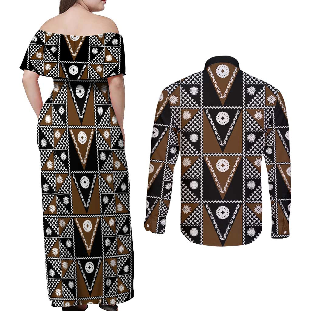 Fiji Brown Masi Pattern Couples Matching Off Shoulder Maxi Dress and Long Sleeve Button Shirt Fijian Tapa LT01 - Polynesian Pride