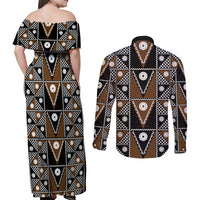 Fiji Brown Masi Pattern Couples Matching Off Shoulder Maxi Dress and Long Sleeve Button Shirt Fijian Tapa LT01 - Polynesian Pride