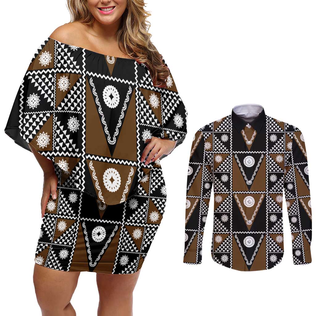 Fiji Brown Masi Pattern Couples Matching Off Shoulder Short Dress and Long Sleeve Button Shirt Fijian Tapa LT01 Brown - Polynesian Pride