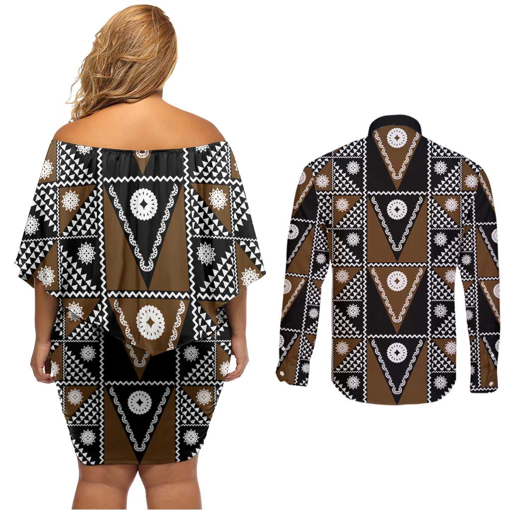 Fiji Brown Masi Pattern Couples Matching Off Shoulder Short Dress and Long Sleeve Button Shirt Fijian Tapa LT01 - Polynesian Pride