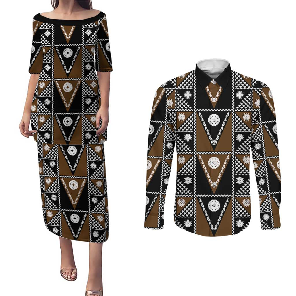 Fiji Brown Masi Pattern Couples Matching Puletasi and Long Sleeve Button Shirt Fijian Tapa LT01 Brown - Polynesian Pride