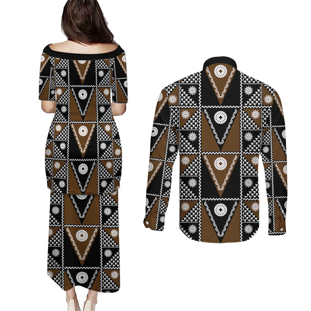 Fiji Brown Masi Pattern Couples Matching Puletasi and Long Sleeve Button Shirt Fijian Tapa LT01 - Polynesian Pride