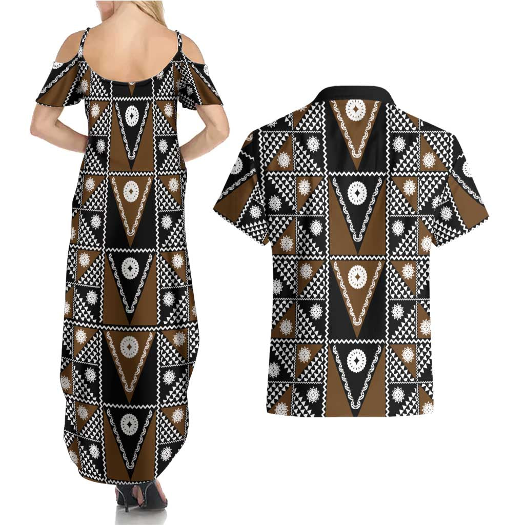 Fiji Brown Masi Pattern Couples Matching Summer Maxi Dress and Hawaiian Shirt Fijian Tapa