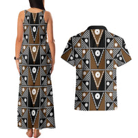 Fiji Brown Masi Pattern Couples Matching Tank Maxi Dress and Hawaiian Shirt Fijian Tapa