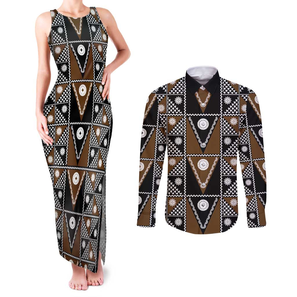 Fiji Brown Masi Pattern Couples Matching Tank Maxi Dress and Long Sleeve Button Shirt Fijian Tapa LT01 Brown - Polynesian Pride
