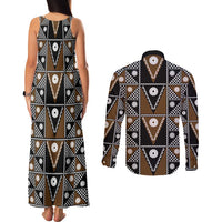 Fiji Brown Masi Pattern Couples Matching Tank Maxi Dress and Long Sleeve Button Shirt Fijian Tapa LT01 - Polynesian Pride