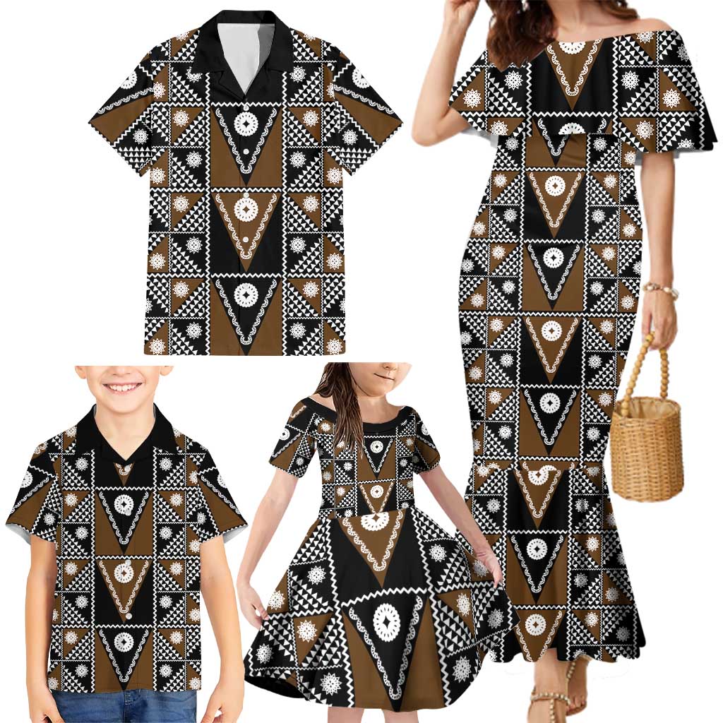 Fiji Brown Masi Pattern Family Matching Mermaid Dress and Hawaiian Shirt Fijian Tapa LT01 - Polynesian Pride