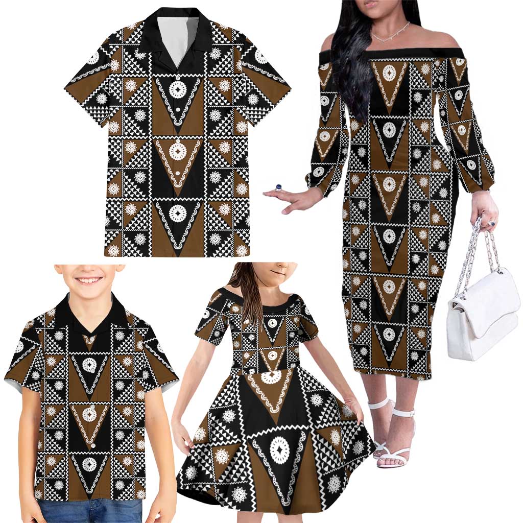 Fiji Brown Masi Pattern Family Matching Off The Shoulder Long Sleeve Dress and Hawaiian Shirt Fijian Tapa LT01 - Polynesian Pride