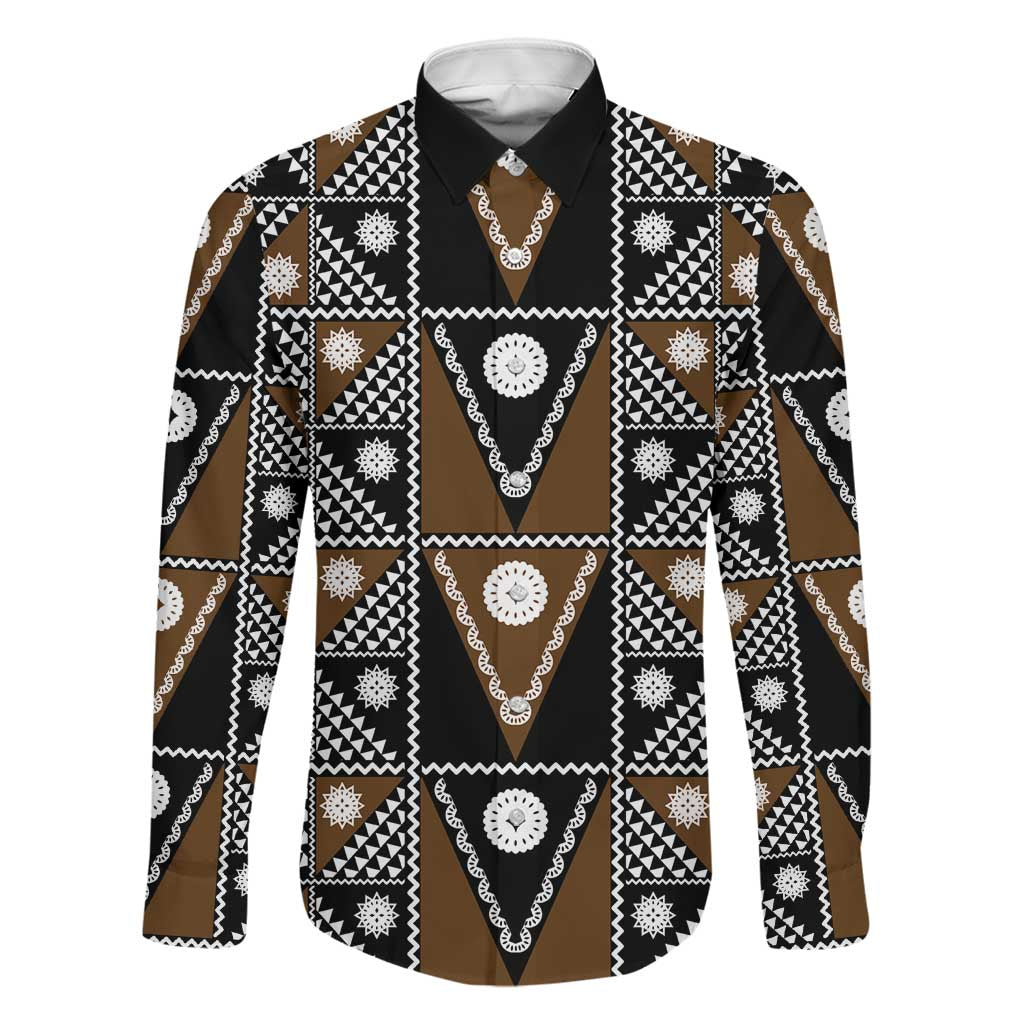 Fiji Brown Masi Pattern Family Matching Off The Shoulder Long Sleeve Dress and Hawaiian Shirt Fijian Tapa