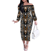 Fiji Brown Masi Pattern Family Matching Off The Shoulder Long Sleeve Dress and Hawaiian Shirt Fijian Tapa