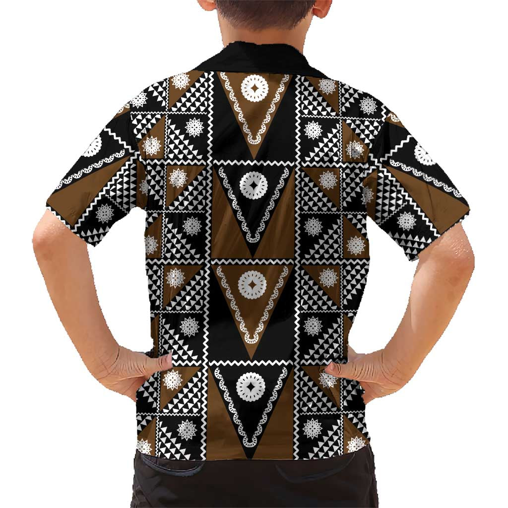 Fiji Brown Masi Pattern Family Matching Off Shoulder Short Dress and Hawaiian Shirt Fijian Tapa