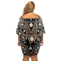 Fiji Brown Masi Pattern Family Matching Off Shoulder Short Dress and Hawaiian Shirt Fijian Tapa