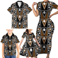 Fiji Brown Masi Pattern Family Matching Short Sleeve Bodycon Dress and Hawaiian Shirt Fijian Tapa