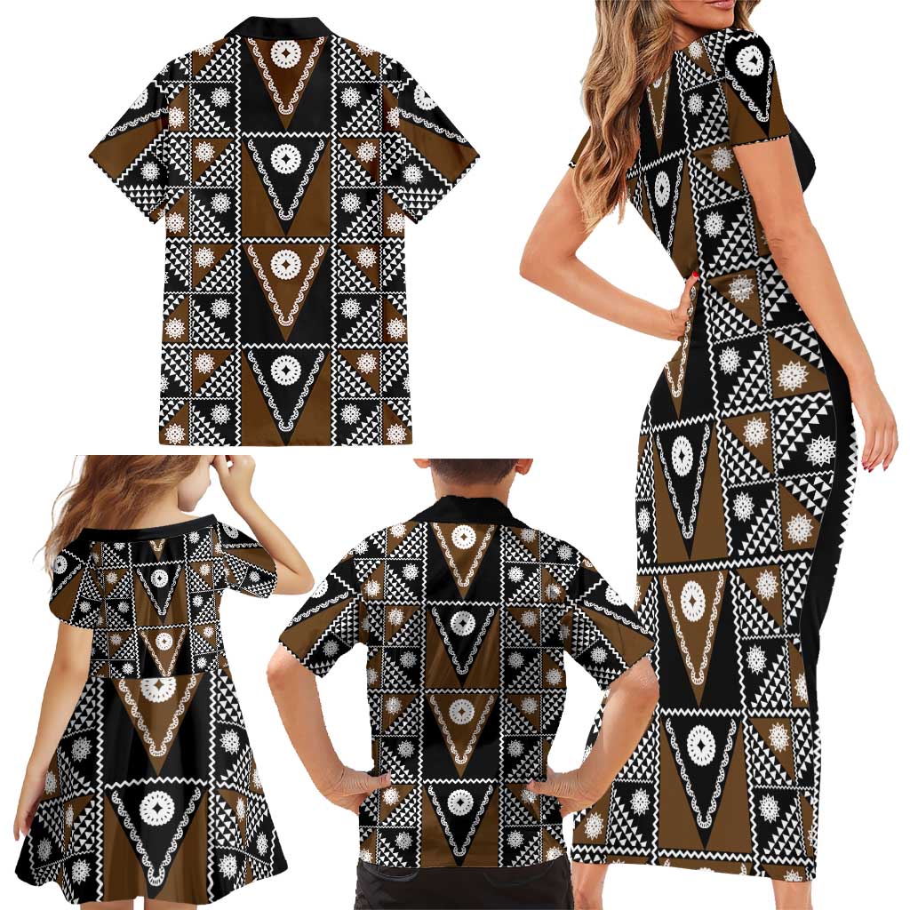 Fiji Brown Masi Pattern Family Matching Short Sleeve Bodycon Dress and Hawaiian Shirt Fijian Tapa