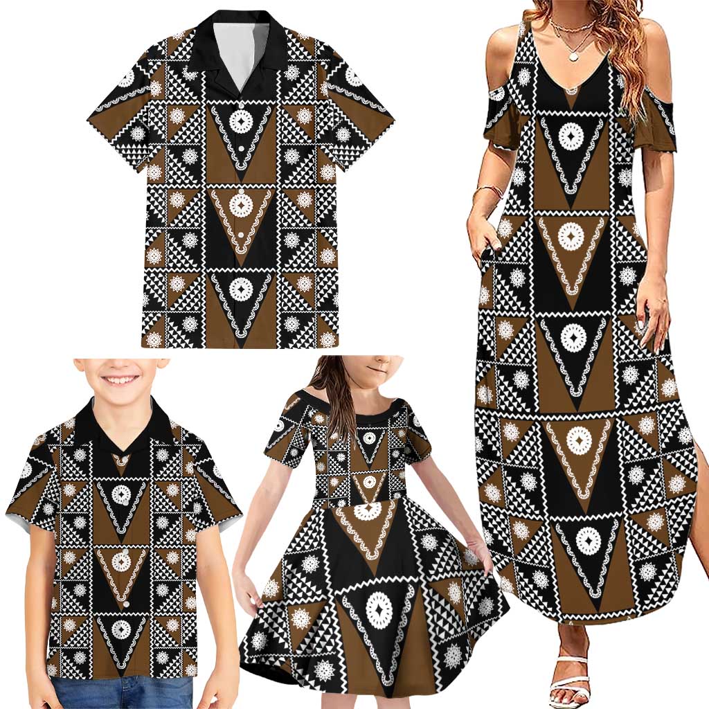 Fiji Brown Masi Pattern Family Matching Summer Maxi Dress and Hawaiian Shirt Fijian Tapa LT01 - Polynesian Pride