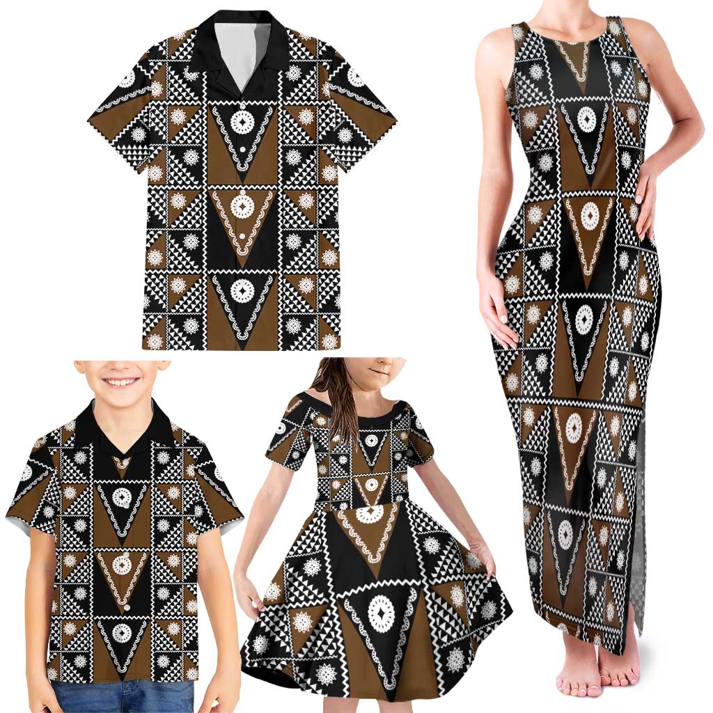 Fiji Brown Masi Pattern Family Matching Tank Maxi Dress and Hawaiian Shirt Fijian Tapa