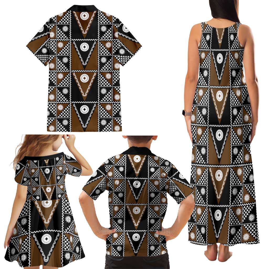 Fiji Brown Masi Pattern Family Matching Tank Maxi Dress and Hawaiian Shirt Fijian Tapa
