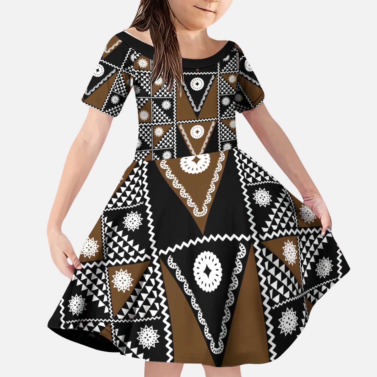 Fiji Brown Masi Pattern Kid Short Sleeve Dress Fijian Tapa LT01 KID Brown - Polynesian Pride