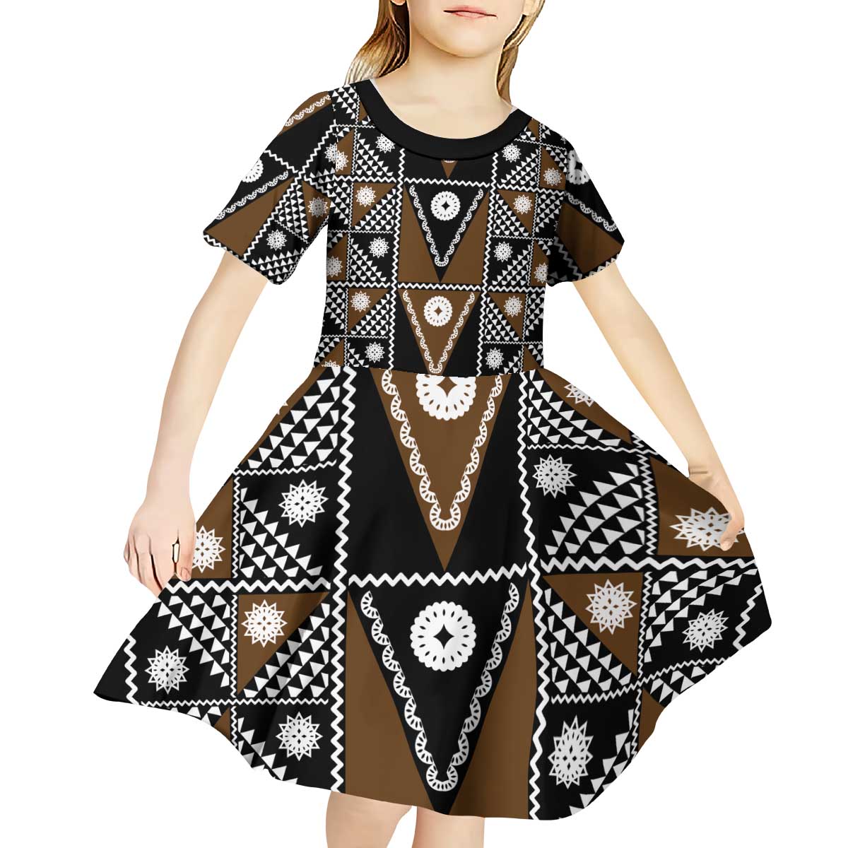 Fiji Brown Masi Pattern Kid Short Sleeve Dress Fijian Tapa LT01 - Polynesian Pride