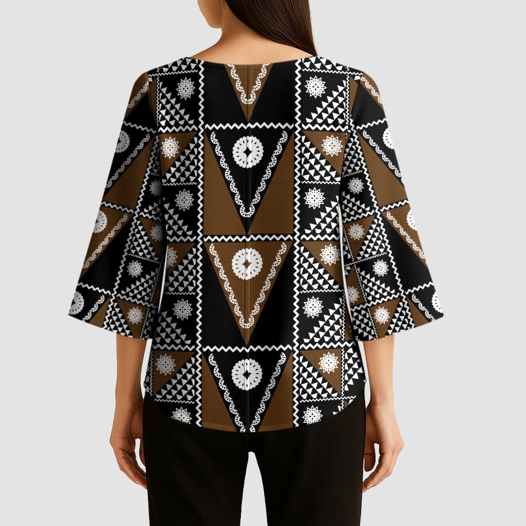Fiji Brown Masi Pattern Kimono Sleeve Blouse Fijian Tapa