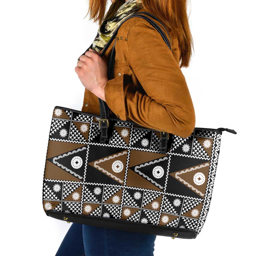 Fiji Brown Masi Pattern Leather Tote Bag Fijian Tapa LT01 Brown - Polynesian Pride