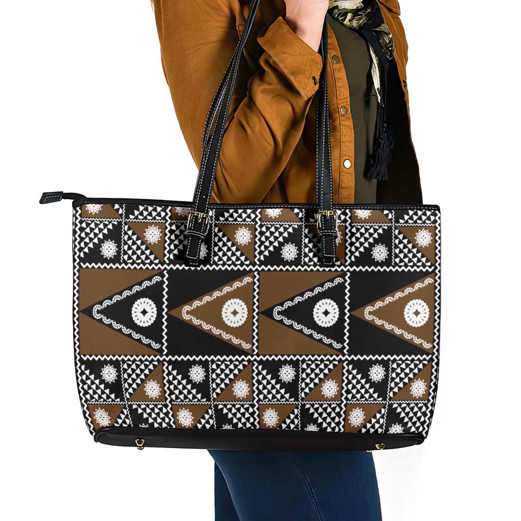 Fiji Brown Masi Pattern Leather Tote Bag Fijian Tapa LT01 - Polynesian Pride