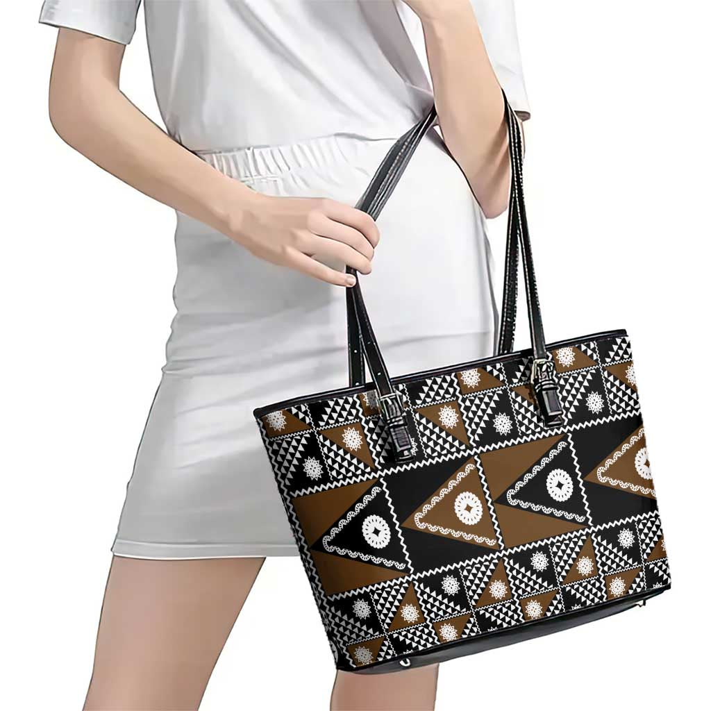 Fiji Brown Masi Pattern Leather Tote Bag Fijian Tapa LT01 - Polynesian Pride