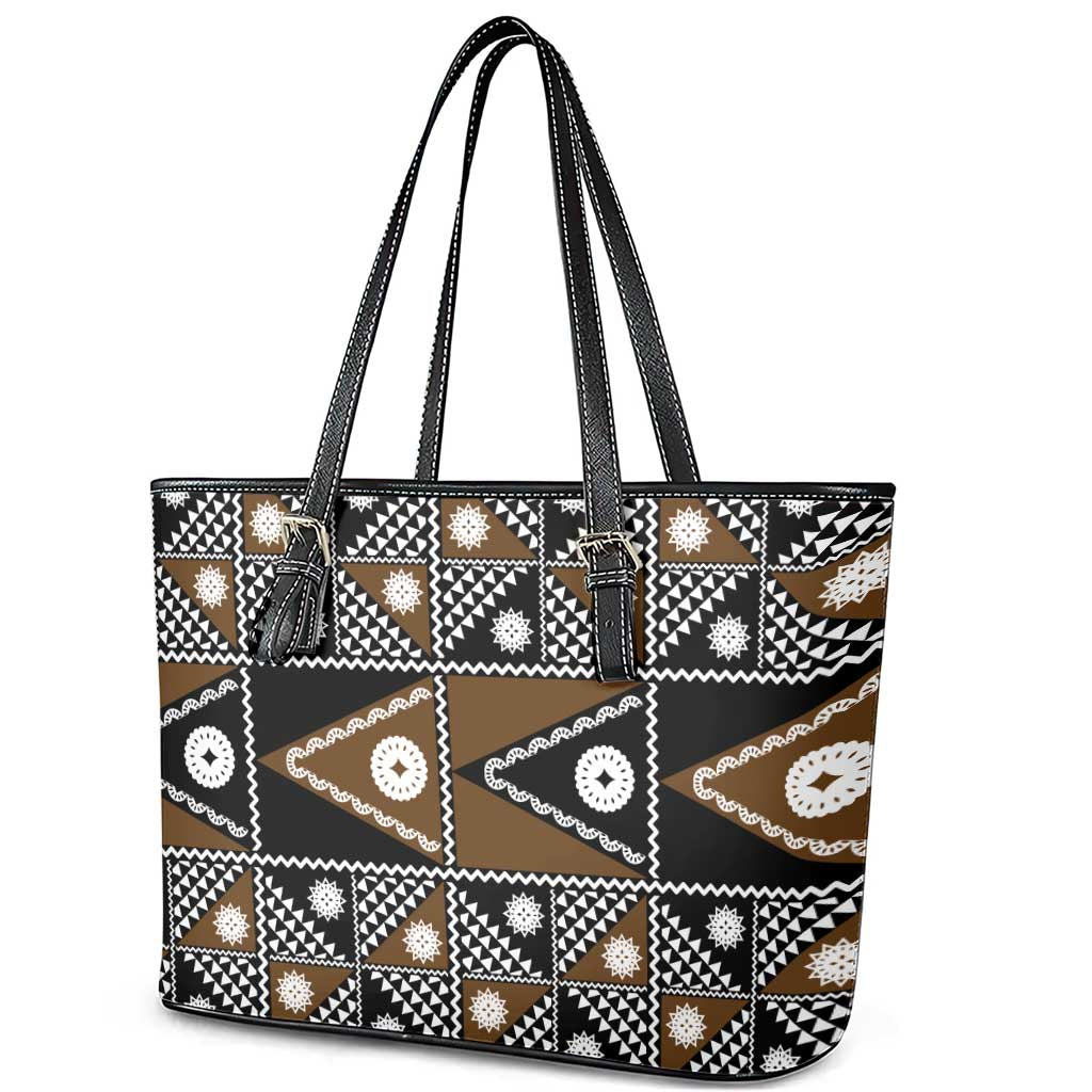 Fiji Brown Masi Pattern Leather Tote Bag Fijian Tapa LT01 - Polynesian Pride