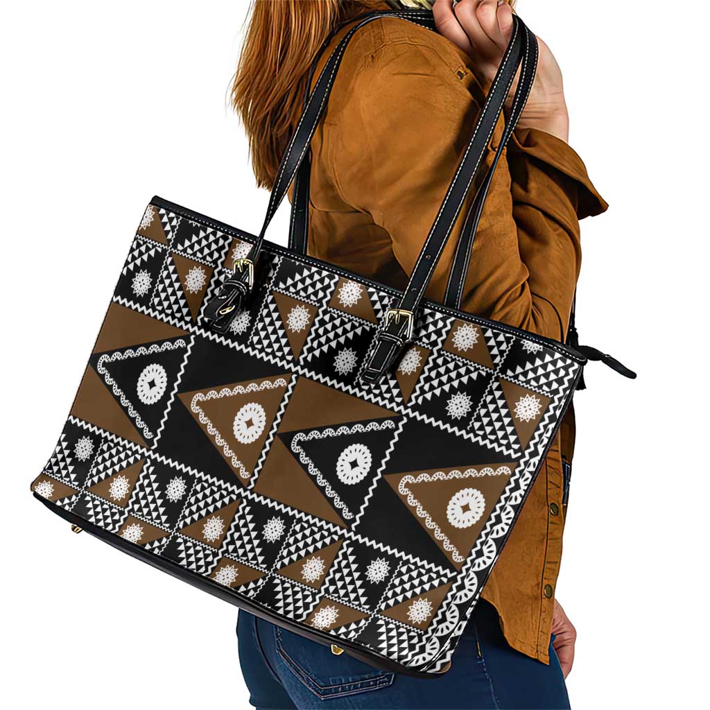 Fiji Brown Masi Pattern Leather Tote Bag Fijian Tapa LT01 - Polynesian Pride