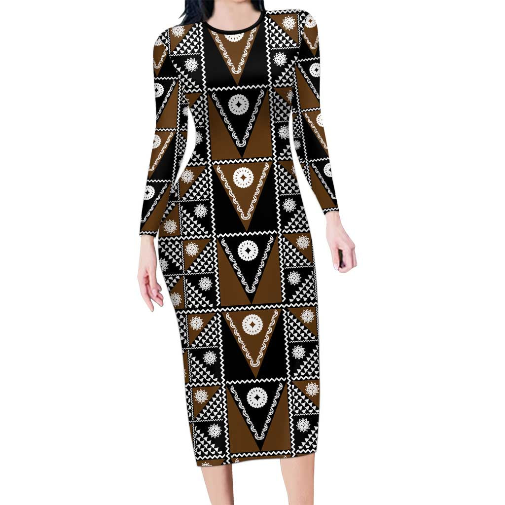 Fiji Brown Masi Pattern Long Sleeve Bodycon Dress Fijian Tapa LT01 Long Dress Brown - Polynesian Pride