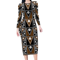 Fiji Brown Masi Pattern Long Sleeve Bodycon Dress Fijian Tapa LT01 Long Dress Brown - Polynesian Pride