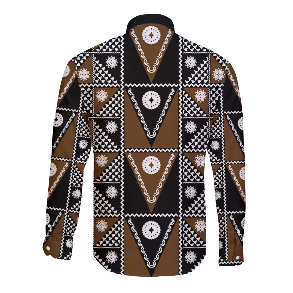 Fiji Brown Masi Pattern Long Sleeve Button Shirt Fijian Tapa LT01 - Polynesian Pride