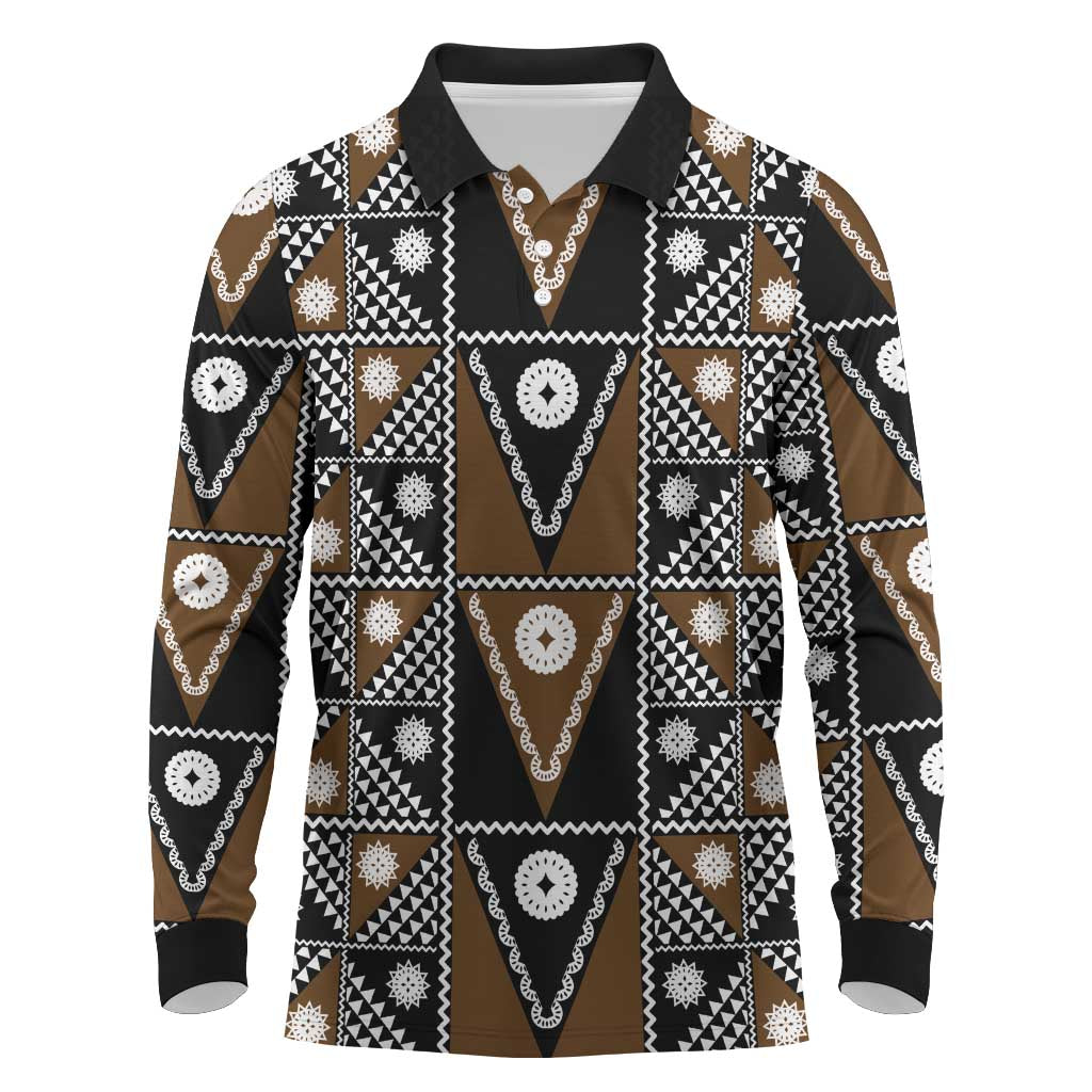 Fiji Brown Masi Pattern Long Sleeve Polo Shirt Fijian Tapa LT01 Brown - Polynesian Pride