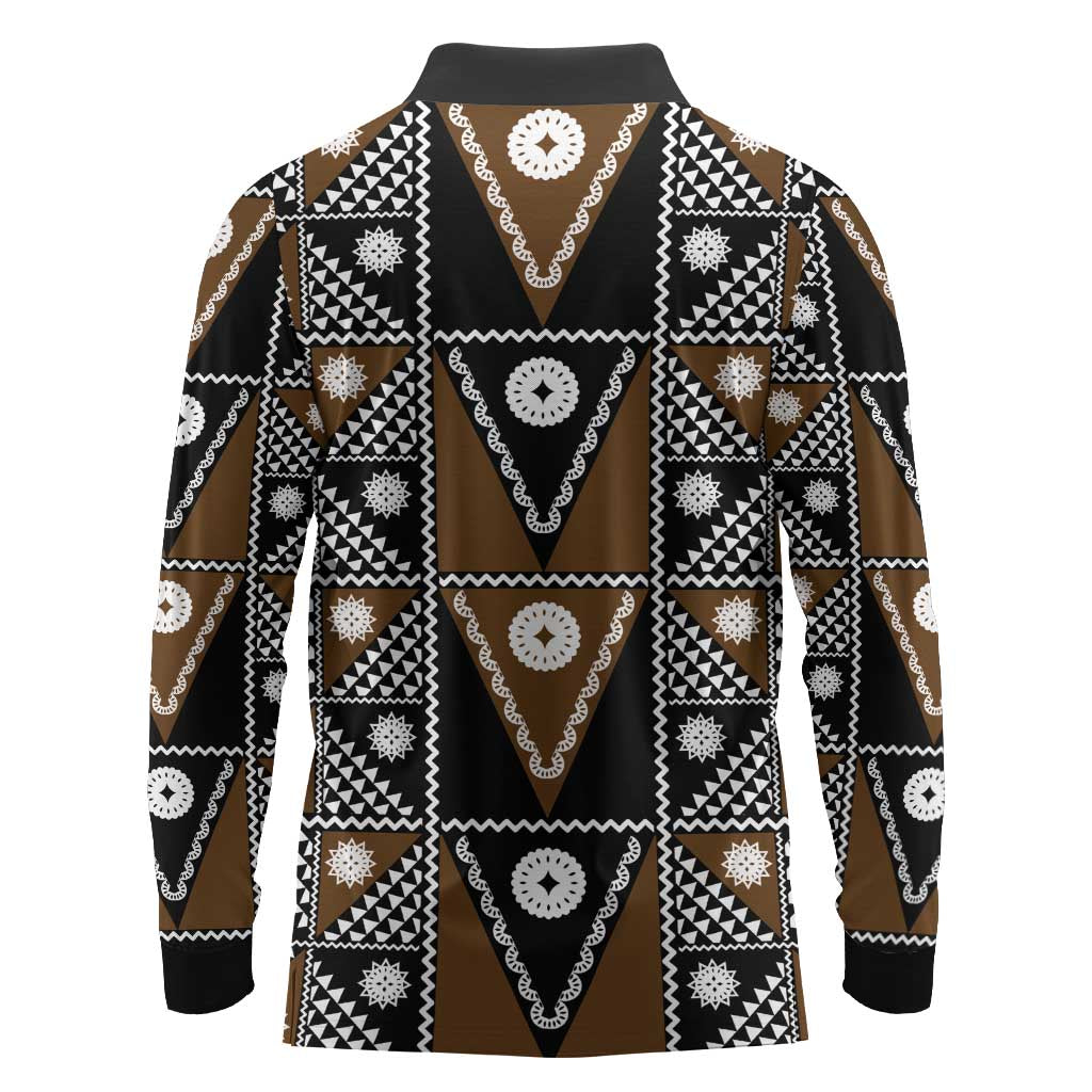 Fiji Brown Masi Pattern Long Sleeve Polo Shirt Fijian Tapa LT01 - Polynesian Pride