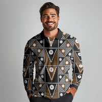 Fiji Brown Masi Pattern Long Sleeve Polo Shirt Fijian Tapa LT01 - Polynesian Pride