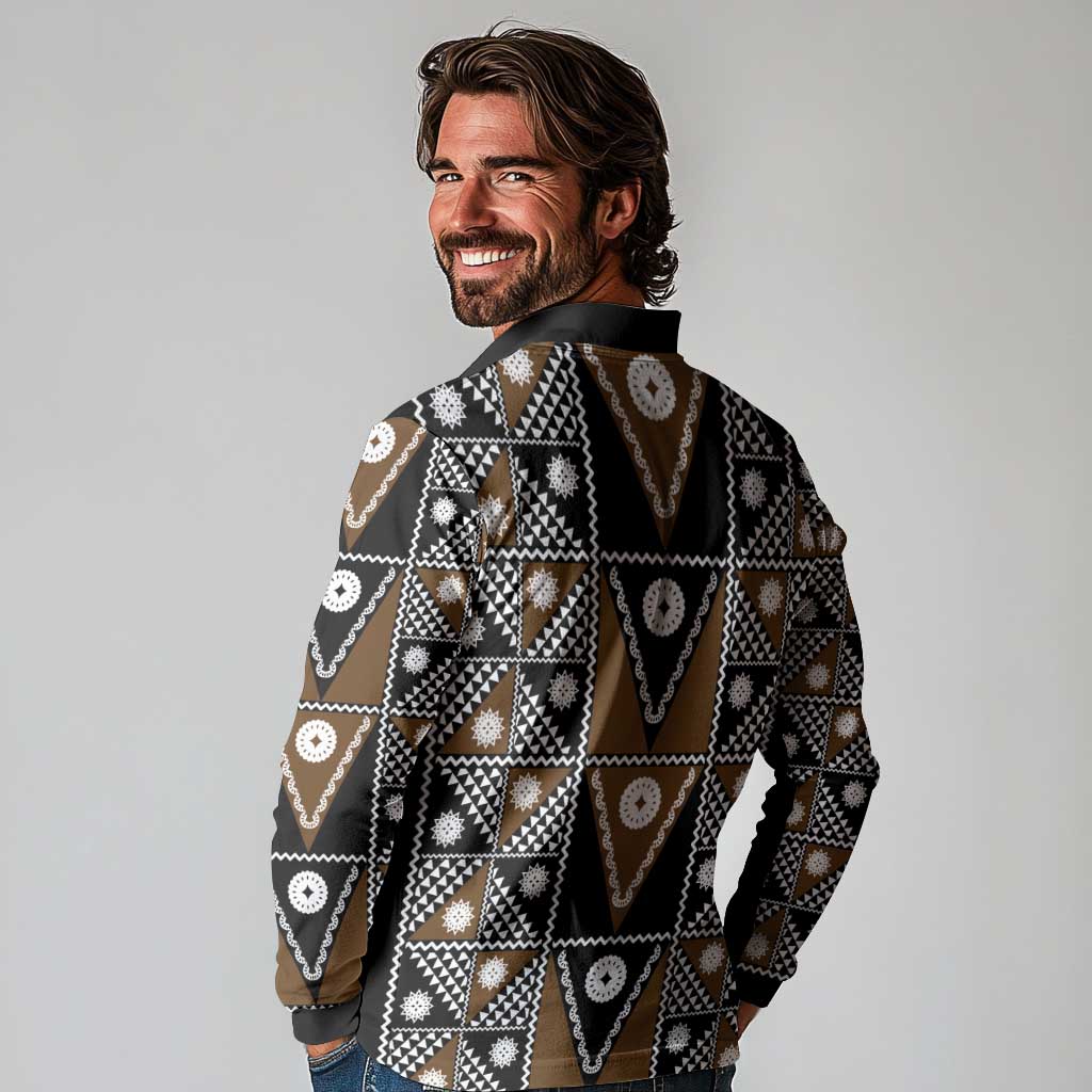 Fiji Brown Masi Pattern Long Sleeve Polo Shirt Fijian Tapa LT01 - Polynesian Pride