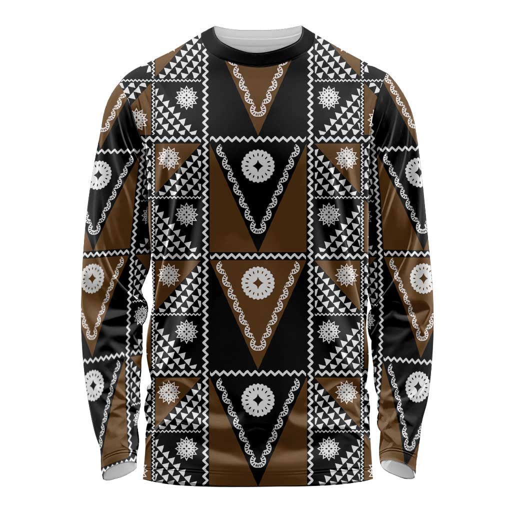 Fiji Brown Masi Pattern Long Sleeve Shirt Fijian Tapa LT01 Unisex Brown - Polynesian Pride