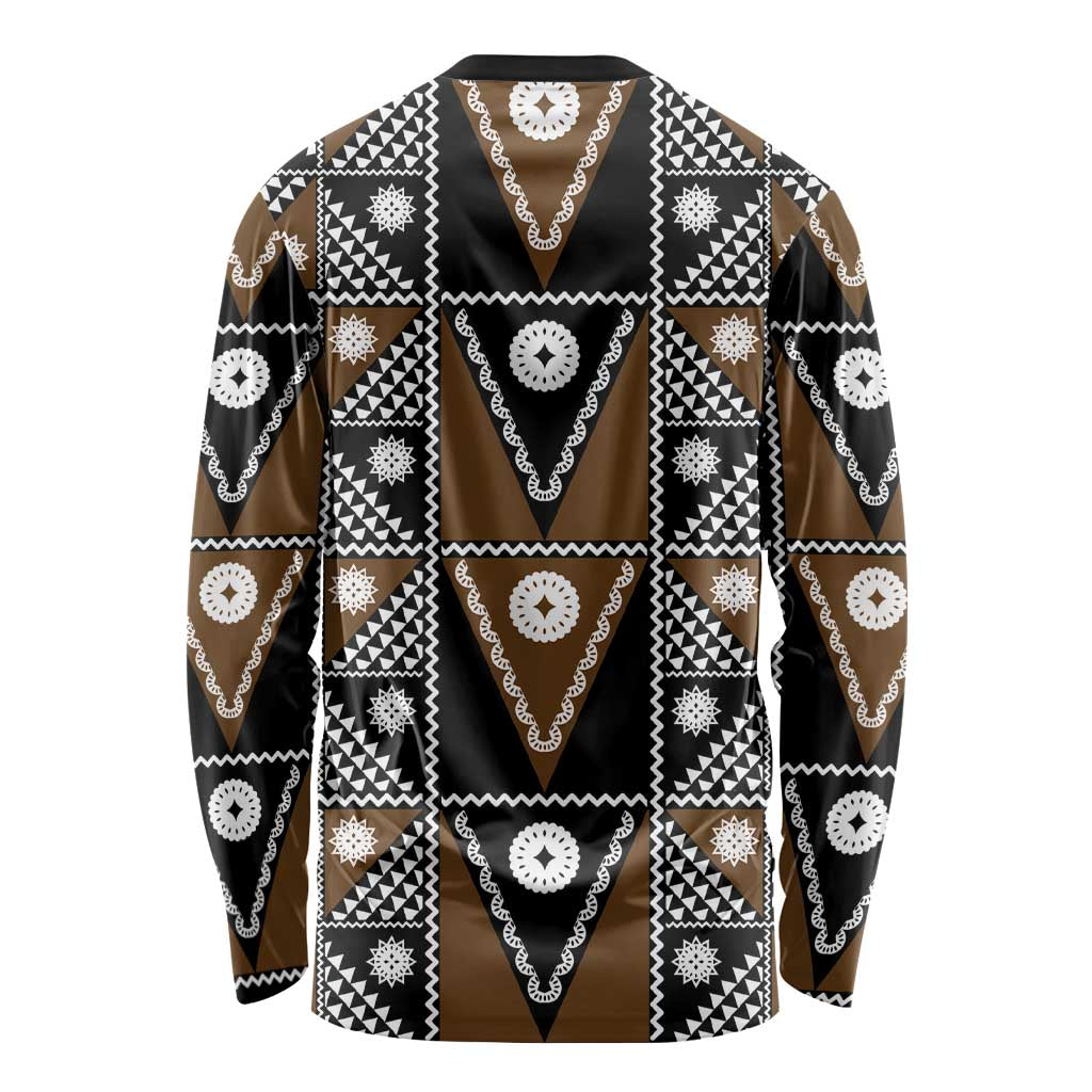 Fiji Brown Masi Pattern Long Sleeve Shirt Fijian Tapa LT01 - Polynesian Pride