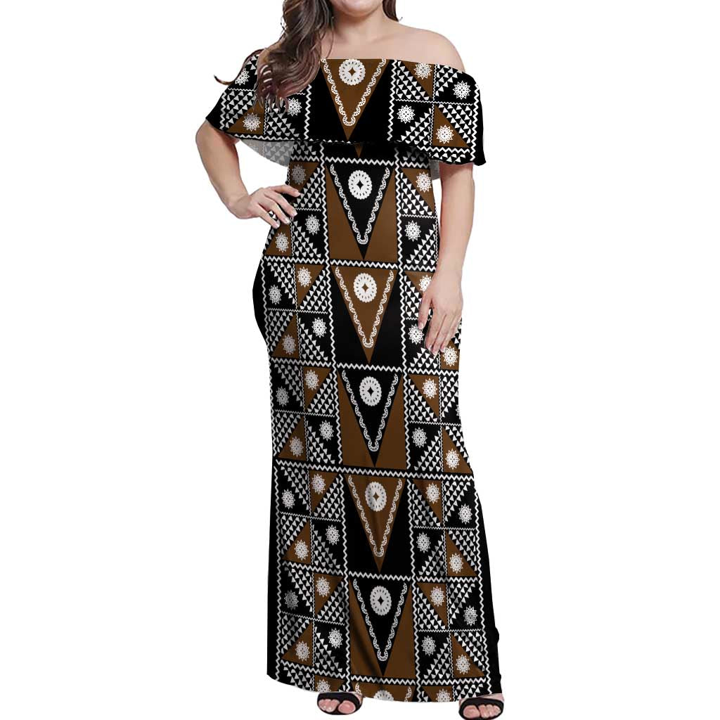 Fiji Brown Masi Pattern Off Shoulder Maxi Dress Fijian Tapa LT01 Women Brown - Polynesian Pride