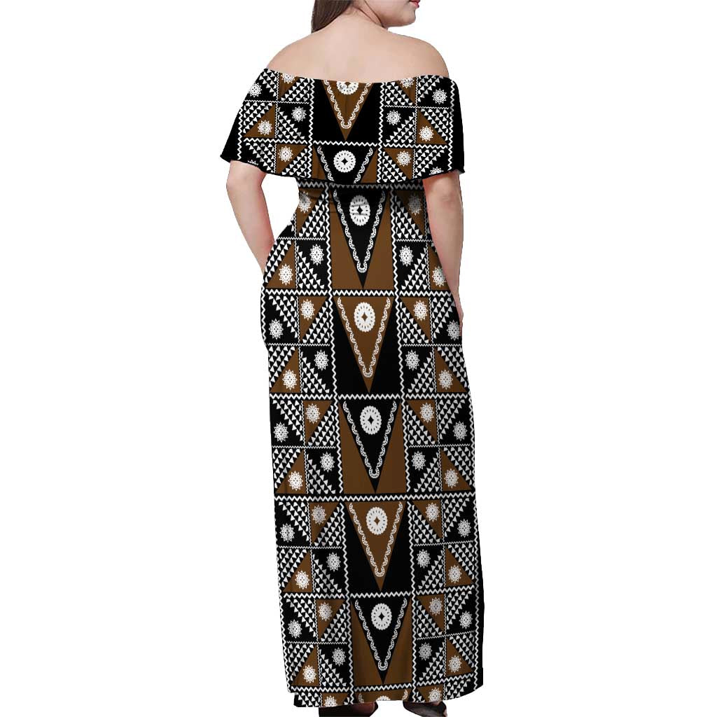 Fiji Brown Masi Pattern Off Shoulder Maxi Dress Fijian Tapa LT01 - Polynesian Pride