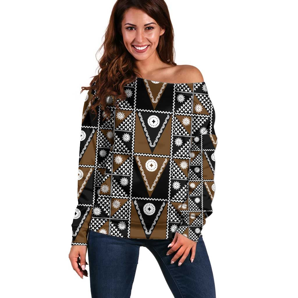 Fiji Brown Masi Pattern Off Shoulder Sweater Fijian Tapa LT01 Women Brown - Polynesian Pride