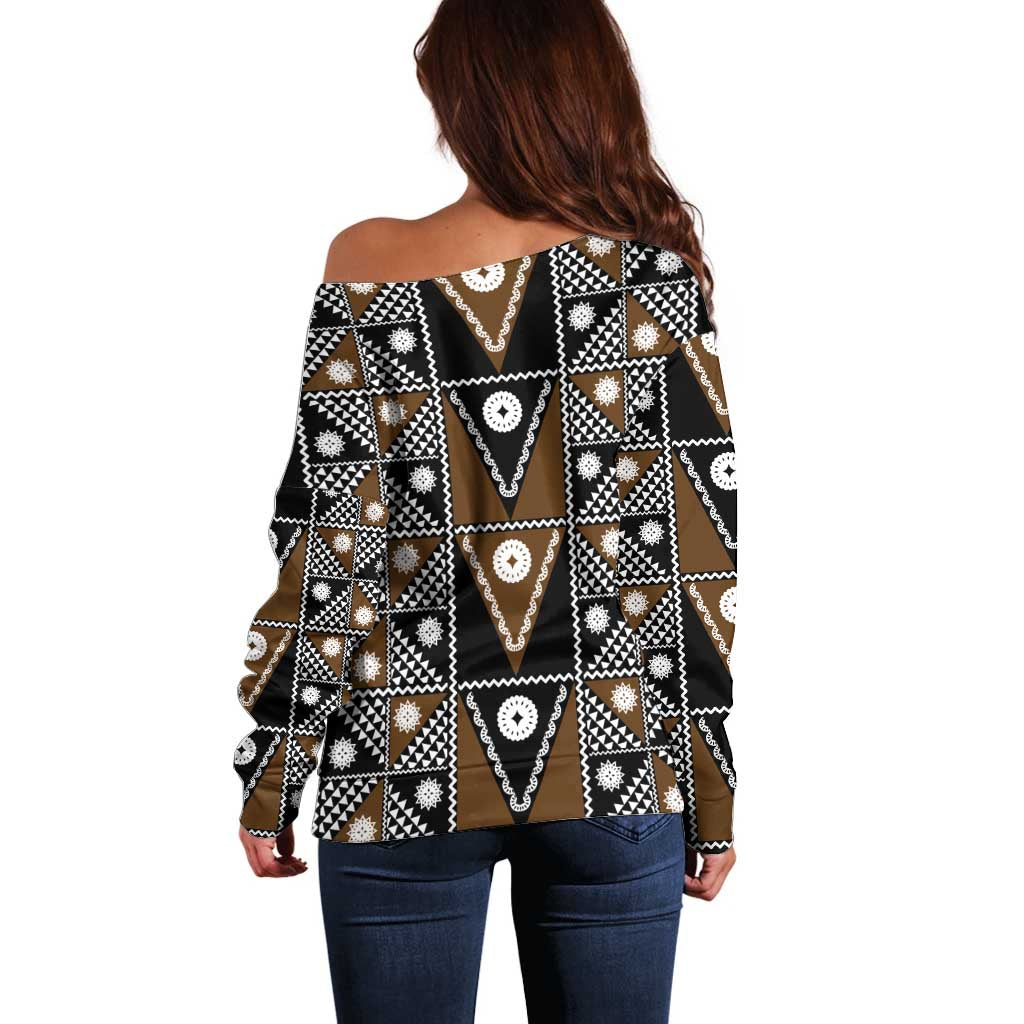 Fiji Brown Masi Pattern Off Shoulder Sweater Fijian Tapa LT01 - Polynesian Pride